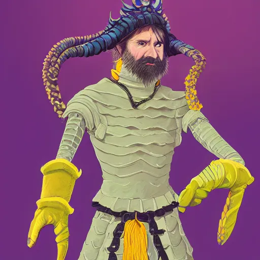 Image similar to A professional digital portrait painting of a D&D druid, painted by Wes Anderson, painted by Hayao Miyazaki, dressed in light armor, 4k, digital art, trending on cgsociety, highly detailed, head and shoulders shot, shallow depth of field, purple and yellow lighting, professional lighting, airbrush,