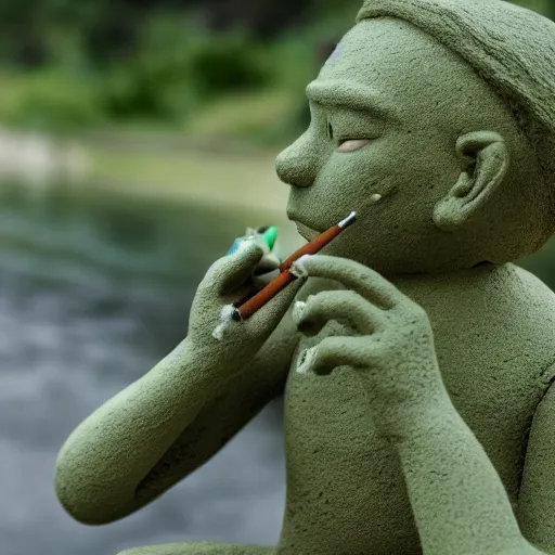 Prompt: cinematic shot of a cute green clay man smoking a cigarette and sitting by a riverbank, 8k, highly intricate, highly detailed,