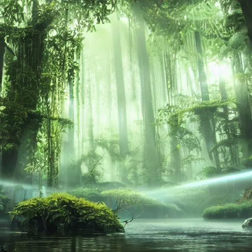 Prompt: Loving romantic drawing of a deep rain forest, light rays from the tree tops, small river on the ground, many avatars, hypermaximalistic, high details, cinematic, 8k resolution, beautiful detailed, insanely intricate details, artstation trending, octane render, unreal engine