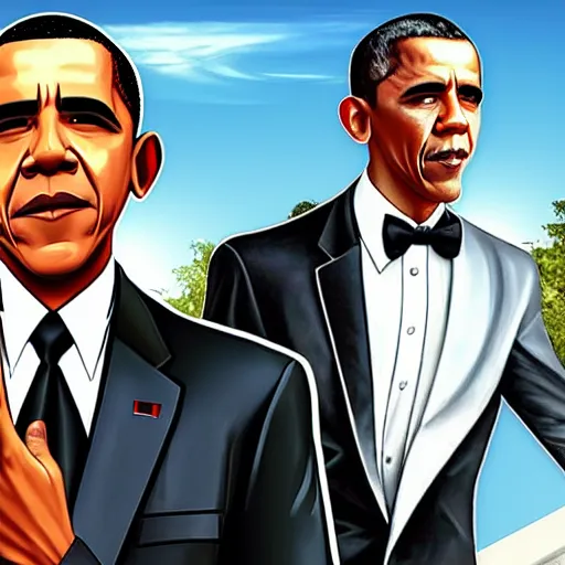 Prompt: Barack Obama Gangster wearing a Tuxedo on the cover of gta San Andreas