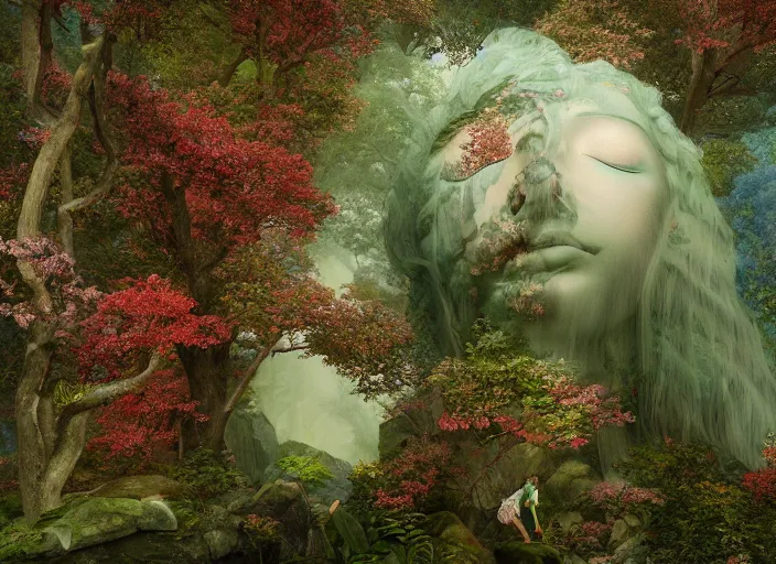 Image similar to a portrait of idealistic marble statue with fractal flowery hair and fair porcelain face and green eyes, in a magical forest, painted by, mc escher, gordon onslow ford, georgia o'keeffe and ivan aivazovsky, cinematic light, god rays, colourful, watercolour, unreal engine, zbrush central,