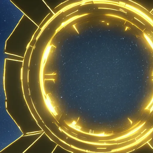 Image similar to a celestial black metal spaceship getting out of a golden intricate halo portal in the heavens, unreal engine 5