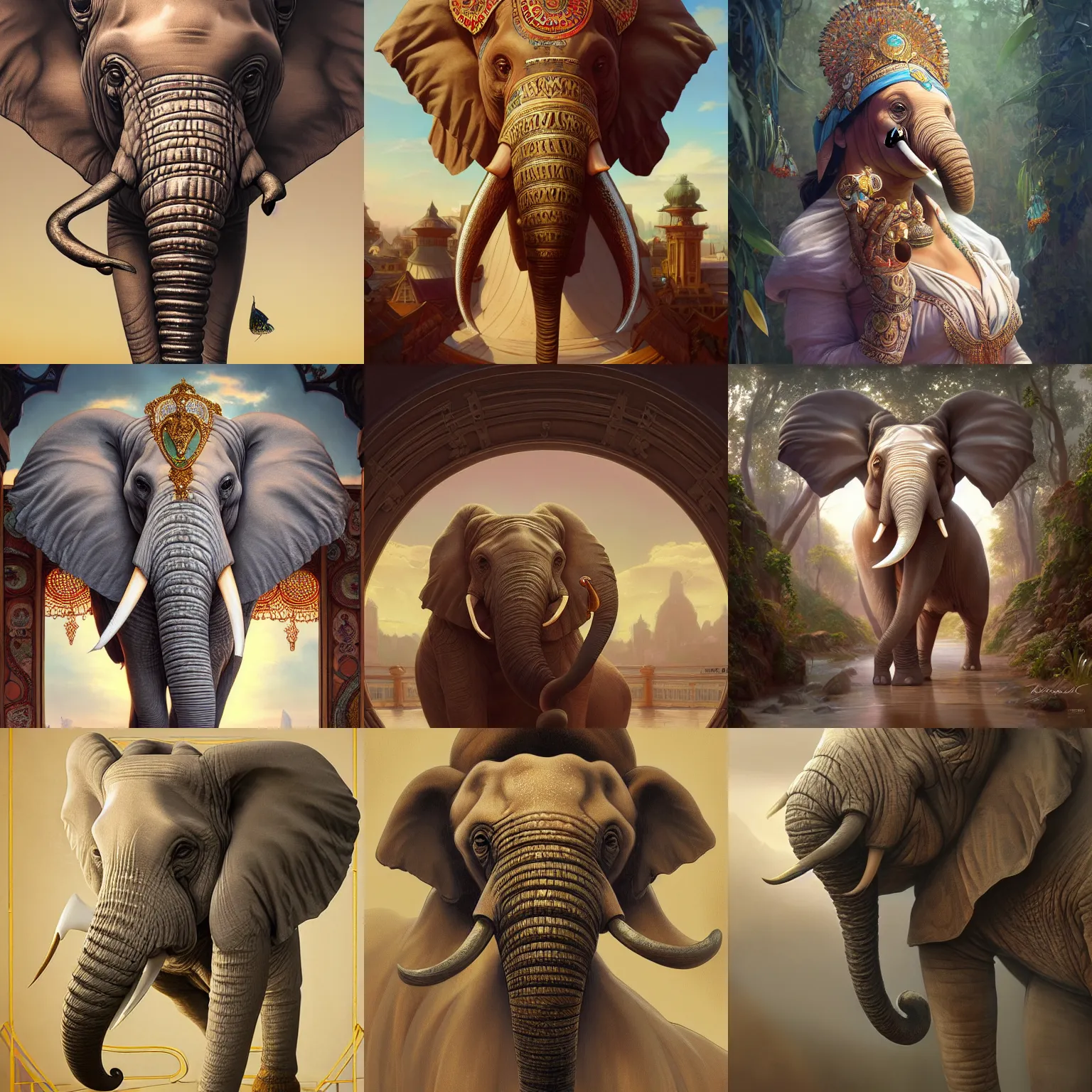 Prompt: beautiful digital painting of anthropomorphic elephant background with high detail, 8 k, stunning detail, photo by artgerm, greg rutkowski and alphonse mucha, unreal engine 5, 4 k uhd