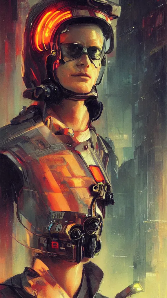 Image similar to concept art, retro - futurist pilot portrait, imperious, heroic, dramatic neon lighting, eerie, mysterious, bladerunner, by gerald brom, james jean, syd mead, akihiko yoshida, cinematic