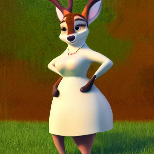 Image similar to portrait, 3 d render, tall slightly fat, anthropomorphic female deer, wearing along white dress, in the style of zootopia,