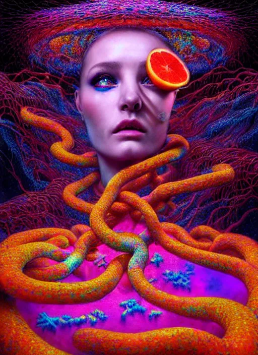 Prompt: hyper detailed 3d render like a Oil painting - Aurora (evocative cyberpunk and oil rainbow faced Singer) seen Eating of the Strangling network of yellowcake aerochrome and milky Fruit and Her delicate Hands hold of gossamer polyp blossoms bring iridescent fungal flowers whose spores black out the foolish stars by Jacek Yerka, Mariusz Lewandowski, Houdini algorithmic generative render, Abstract brush strokes, Masterpiece, Edward Hopper and James Gilleard, Zdzislaw Beksinski, Mark Ryden, Wolfgang Lettl, hints of Yayoi Kasuma, octane render, 8k