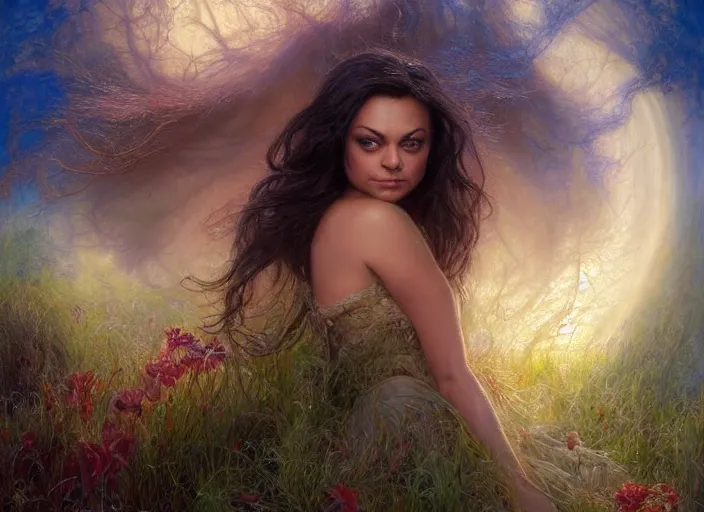 Image similar to Mila Kunis staring into the camera, misty wisps, Lilia Alvarado, Sophie Anderson, Mark Arian, Bob Byerley, Charlie Bowater, Mark Brooks, Steve Henderson, Justin Gerard, Arthur Hughes, Edward Robert Hughes, Mark Keathley, Victor Nizovtsev, Carlos Shwabe, Ross Tran, WLOP