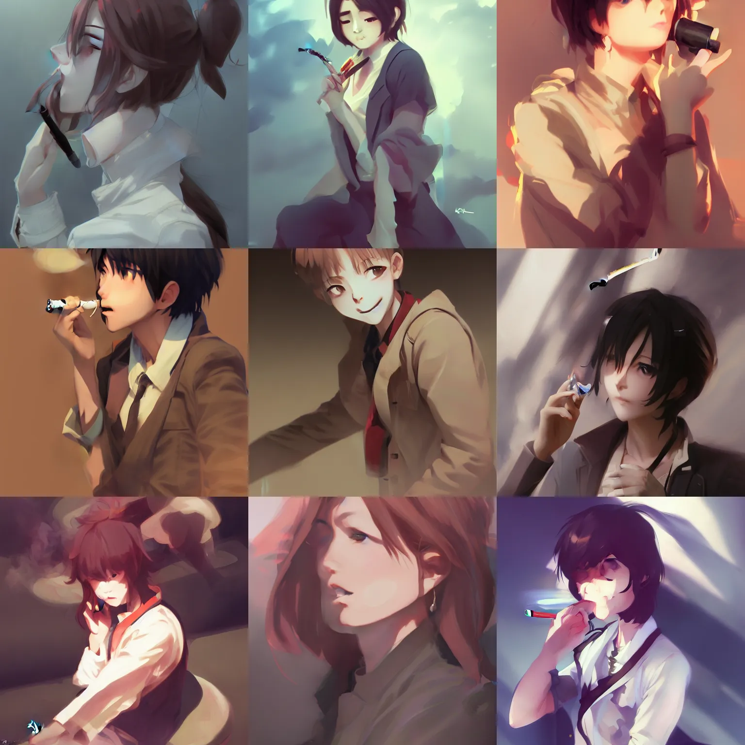 Prompt: smoking a cigarette by krenz cushart stu dts yoshiku wlop, dramatic lighting, trending on ArtStation Pixiv