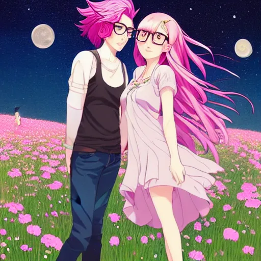 Prompt: beautiful girl, with pink hair and glasses, with boyfriend, under the stars, in an open field full of flowers, moonlight, night time, sharp focus, intricate, digital painting, artstation, official media, anime key visual, highly detailed, rich vivid colors ambient lighting, illustration, art by Artgerm, Makoto Shinkai, Ilya Kuvshinov, Lois Van Baarle and Rossdraws