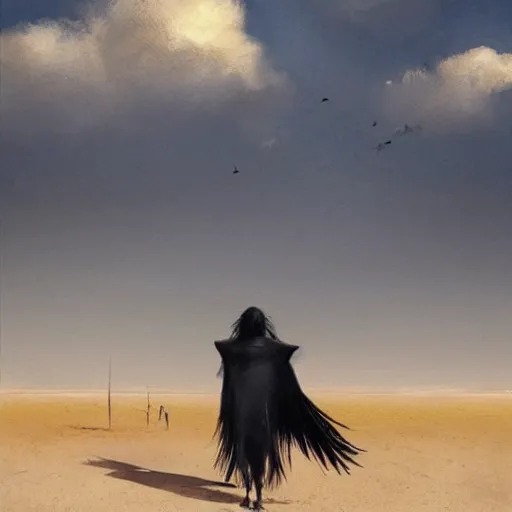 Image similar to Man with long black hair is followed by crows in the desert | front view man | crows in the background | painting by Greg Rutkowski