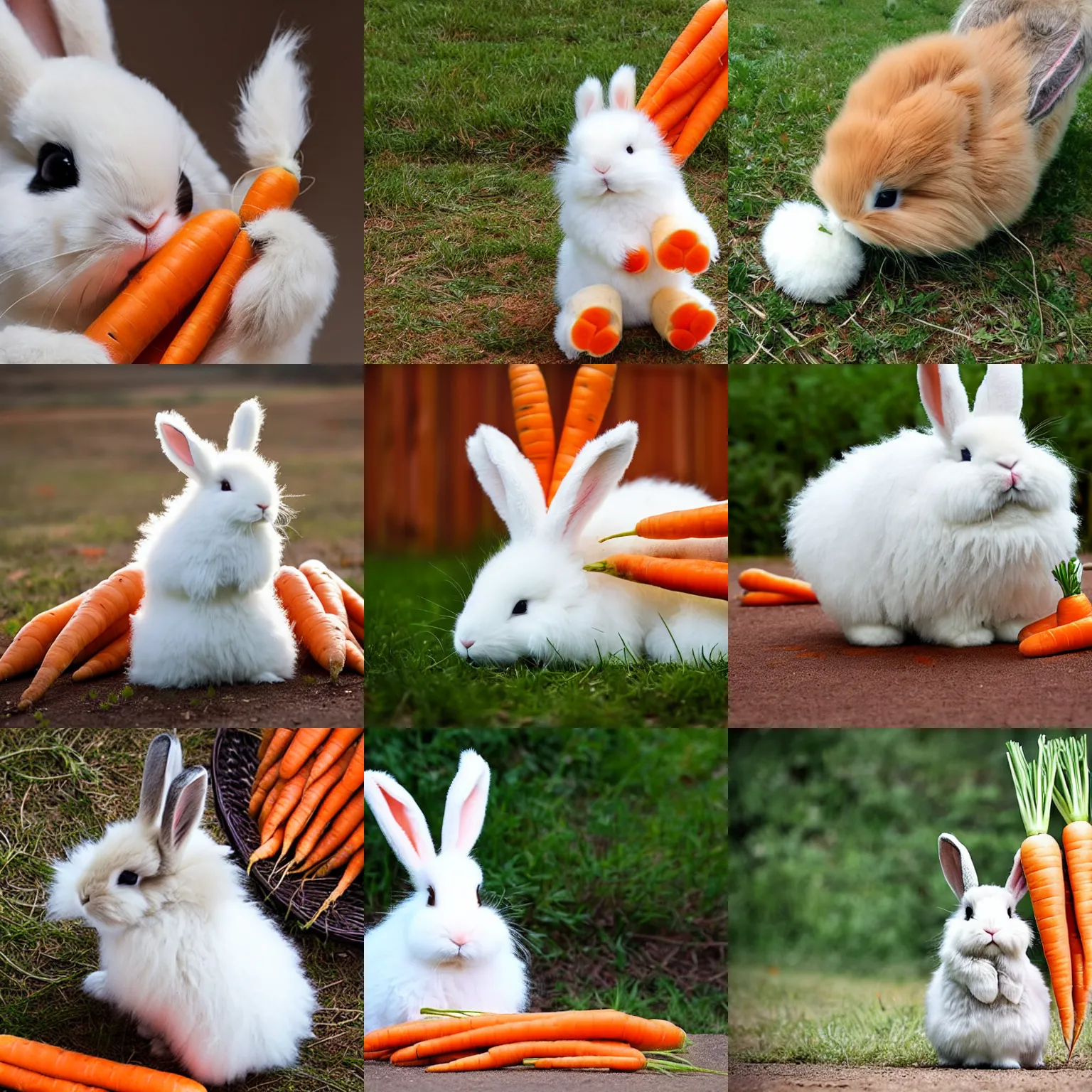 Prompt: a fluffy bunny stealing carrots, cute, hairy, photograph, very fluffy