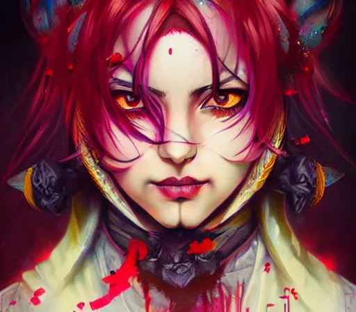 Image similar to a Demon Slayer FAN art portrait of grown up Mitsuri Kanroji ,by Stanely Artgerm,Tom Bagshaw,arthur adams,Carne Griffiths,trending on DeviantArt,street art,face enhance,chillwave,maximalist,full of color,glittering