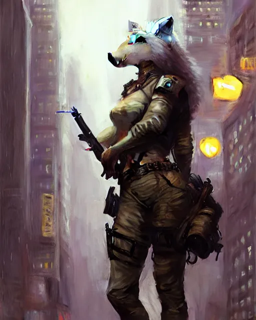 Image similar to beautiful portrait of an attractive white anthro wolf female soldier smoking a cigarette in a bustling crowd of a rainy city street, cyberpunk, wearing tactical gear, female fursona, 4 k, trending on artstation, by gaston bussiere, craig mullins, artgerm, greg rutkowski, alphonse mucha