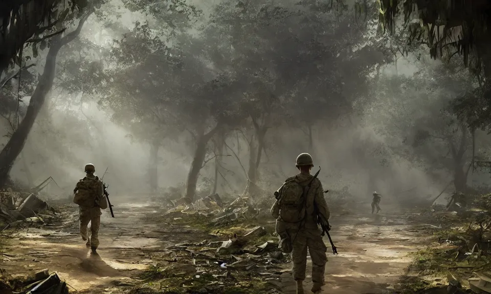 Image similar to Futuristic matte painting of a US soldier in the Vietnam War walking through an abandoned Vietcong village, volumetric light scattering, highly detailed, digital art, Andreas Rocha, Greg Rutkowski, Darek Zabrocki, ArtStation, CGSociety, Unreal Engine, 4K, 8K