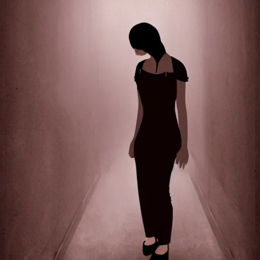 Image similar to a creepy woman wearing all black, standing in a dark hallway, eerie room, melancholic, dreary, horror, scary, glows, dark lighting, ambient lights, cinematic lighting, sinister, digital art,