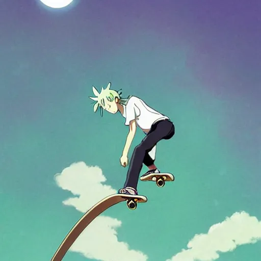 Image similar to a beautiful movie still in the style of Studio Ghibli anime showing a skateboarder grinding down a rail in high detail. The skater is a girl with green hair and she is waving spray paint can in the air. Studio Ghibli, trending on artstation, trending on behance