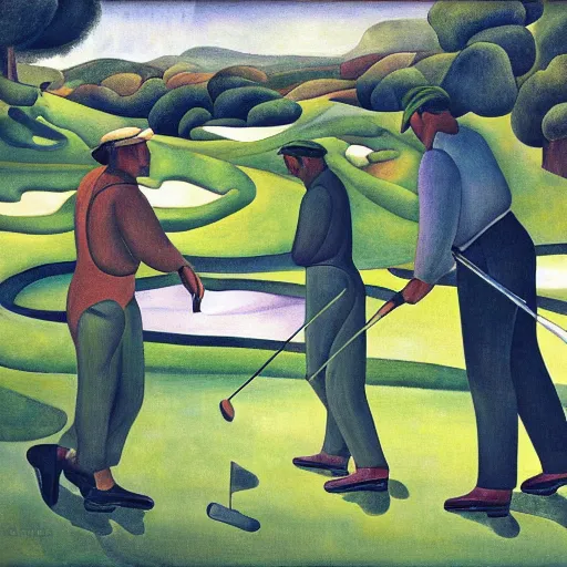 Image similar to Three golfers on a beautiful golf course, by Diego Rivera