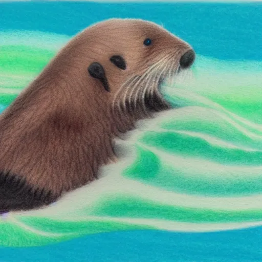 Image similar to portrait of a cute fluffy baby sea otter with abstract ocean wave background, detailed color pencil drawing 4 k