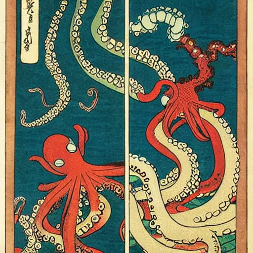 Prompt: an octopus smoking eight cigarettes, ukiyo-e triptych by Utagawa Kuniyoshi