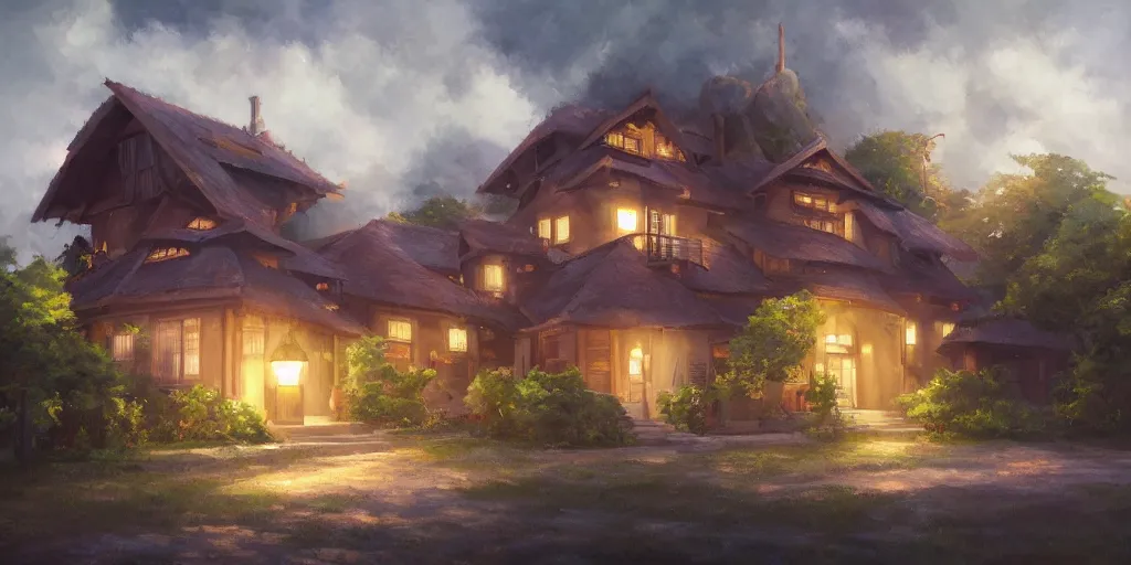 Image similar to a house, cinematic angle, studio Ghibli, volumetric lighting, bold, beautiful composition, intricate, elegant, digital art, detailed oil painting, hyperrealistic, sharp focus, 8k