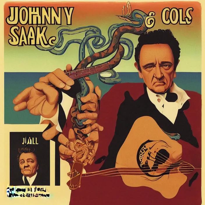 Prompt: album cover for the Johnny Cash and Snake Oil colab record. Snake oil, quackery, folk medicine, scamming, beautiful album cover ((((((((((text)))))))))), album art by Rene Magritte and R. Crumb