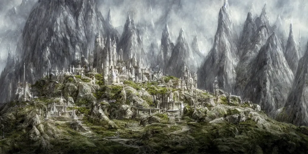 Image similar to an elven city built into the side of a mountain, tall white towers, tall white walls, by alan lee, lord of the rings, smooth, detailed terrain, oil painting, matte painting, concept art, trending on artstation