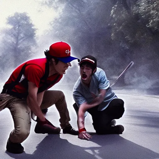 Image similar to live - action film still of a pokemon battle between ash ketchum and team rocket grunts