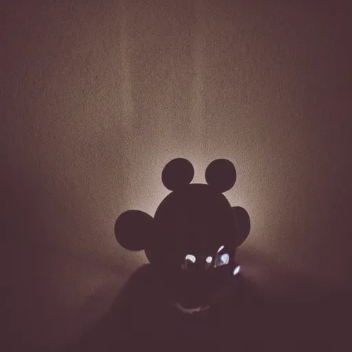 Prompt: demonic photo of mickey mouse creeping out of the shadows, flash photography, nighttime