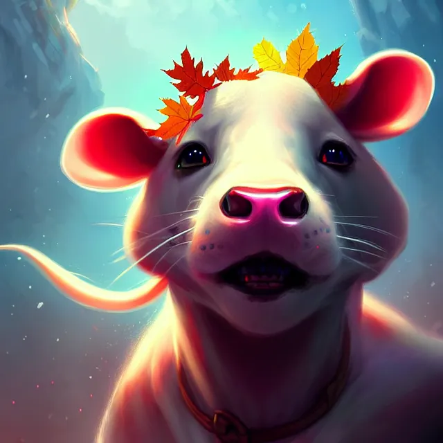 Prompt: epic professional digital art of !🐭! 🐄 (🍁), best on artstation, cgsociety, wlop, cosmic, epic, stunning, gorgeous, much detail, much wow, masterpiece