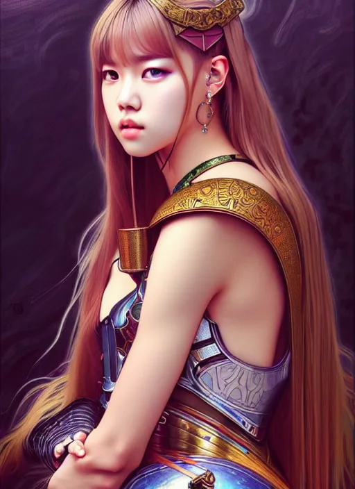 Image similar to lalisa manoban of blackpink, medieval armor, tarot card, highly detailed, digital painting, smooth, sharp focus, illustration, ultra realistic, 8 k, art by artgerm and alphonse mucha