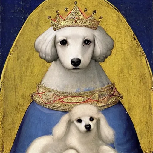 Image similar to portrait of a white poodle as an italian queen, painting by giotto di bondone, 1 3 0 0