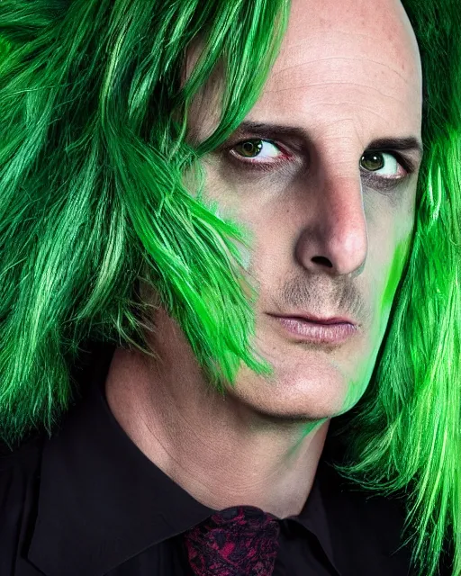 Image similar to Will Arnett as Beetlejuice, green hair, cinematic lighting, 4k portrait photograph