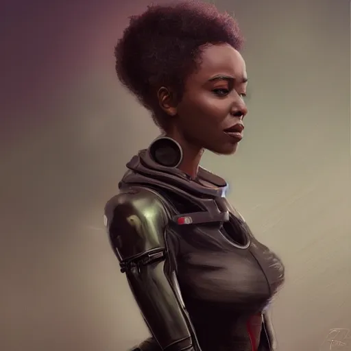 Prompt: Portrait of a woman by Greg Rutkowski, she is about 30 years old, mulato, afro hair, attractive and beautiful, wifey material, she is wearing a futuristic lawyer outfit, highly detailed portrait, scifi, digital painting, artstation, concept art, smooth, sharp foccus ilustration, Artstation HQ