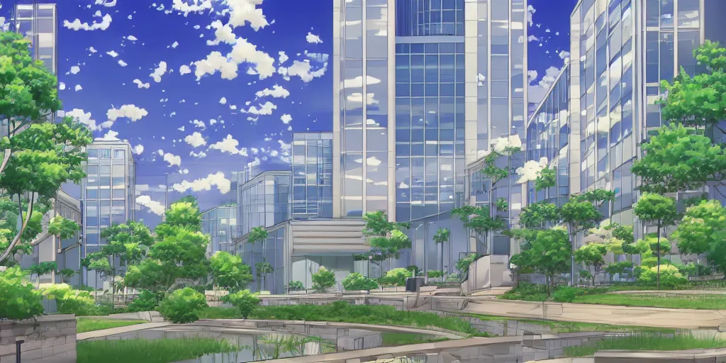 Prompt: beautiful anime background of an office building