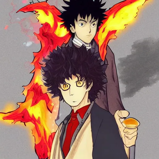 Image similar to portrait of Spike Spiegel fire Wizard Mage Wearing an obsidian vest whilst disguised as a devil atop the volcano uta natsume naoko takeuchi katsuhiro otomo Alexey Egorov Inio Asano sui ishida anime mangaka