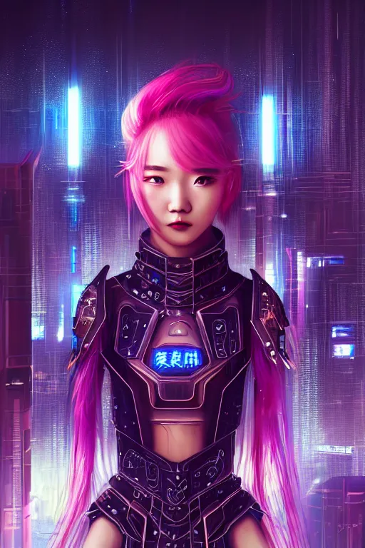 Image similar to portrait futuristic wuxia armor heroine Girl with thunder and fire sparkles and starlight, fighting in future cyberpunk tokyo heavy rainning rooftop , ssci-fi, fantasy, intricate, very very beautiful, elegant, human structure, neon light, highly detailed, digital painting, artstation, concept art, smooth, sharp focus, illustration, art by tian zi and WLOP and alphonse mucha