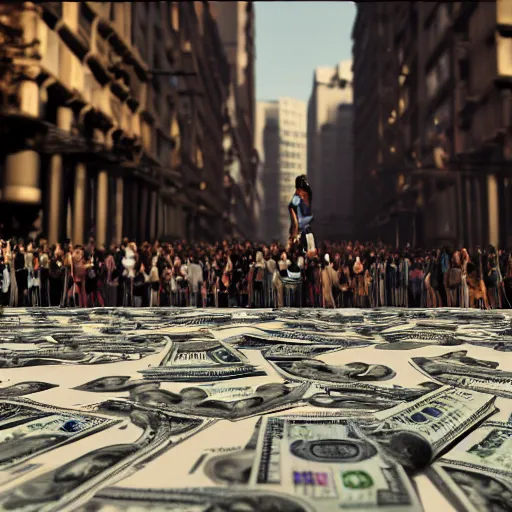 Prompt: rich person flexing their cash to poor people, poor people with no money, person raising money up in front of people, photorealistic + rendered in vrat + hd + trending on artstation + DOF + Reality