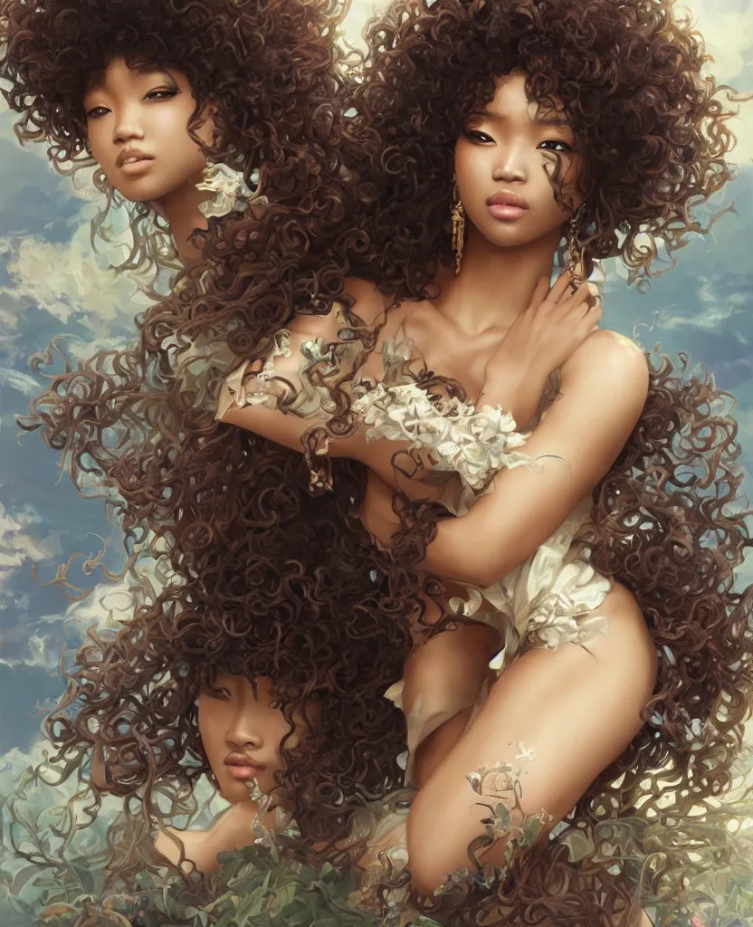 Prompt: ultra realistic elegant fantasy art, beautiful alluring anime blasian woman, afro big curls, gorgeous face and figure, sci - fi, fantasy, intricate, elegant, highly detailed, digital painting, artstation, concept art, smooth, sharp focus, illustration, art by tian zi and yuxiang chen and alphonse mucha and greg rutkowski