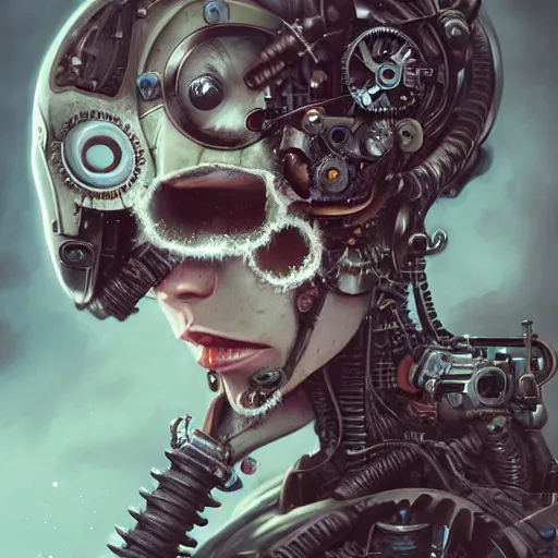 Prompt: portrait painting of a steampunk cyborg psycho killer, transhumanism, ultra realistic, concept art, studio ghibli, intricate details, eerie highly detailed