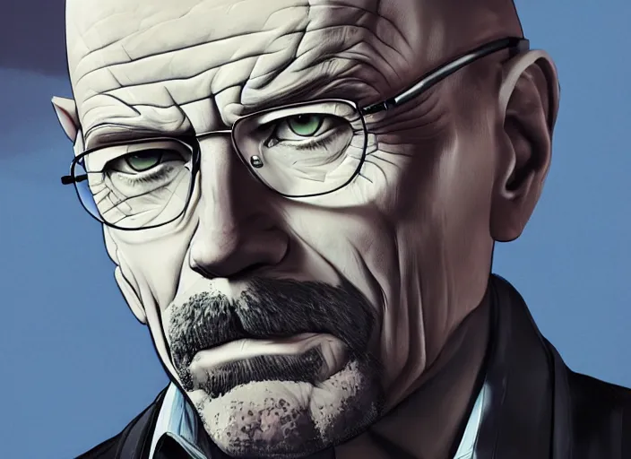 Image similar to a portrait of walter white holding a shotgun, digital painting masterpiece, advanced lighting technology, stylized yet realistic anatomy and face, gorgeous, by shigenori soejima and bastien vives and balak and michael sanlaville, 4 k wallpaper, cinematic, gorgeous brush strokes, coherent and smooth