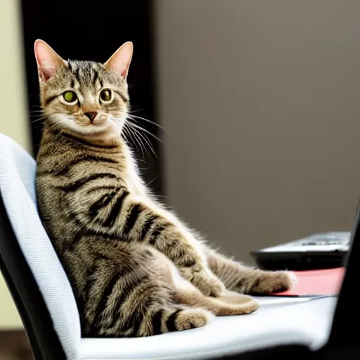 Prompt: cute tabby cat laying on a computer chair with paws curled in