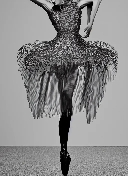 Prompt: a portrait of beautiful model ballerina wearing iris van herpen dress, by serge lutens, photorealistic, intricate details, hyper realistic, photorealistic, canon r 3, photography, symmetrical features, symmetrical pose, wide angle shot, head to toe, standing pose, feet on the ground,