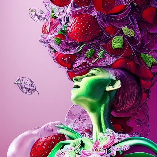 Prompt: the portrait of an absurdly beautiful, graceful, elegant, sophisticated, lascivious woman made of strawberries and green petals looking up, an ultrafine hyperdetailed illustration by kim jung gi, irakli nadar, intricate linework, bright colors, octopath traveler, final fantasy, unreal engine 5 highly rendered, global illumination, radiant light, detailed and intricate environment