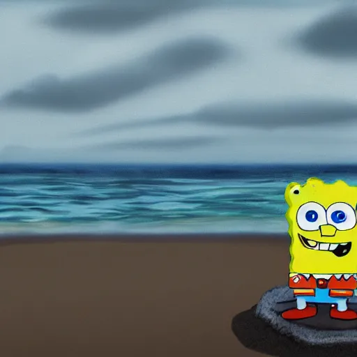 Image similar to a gloomy photo of spongebob and patrick standing on the beach, d-day, smoke, fire, detailed, realistic, hyper-realism,