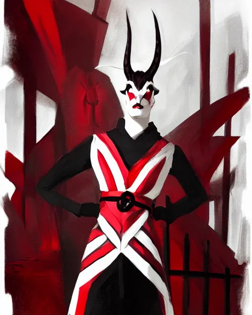 Image similar to Medium shot of Red Imp + White black striped horns + Formal outfit, in the style of greg rutkowski