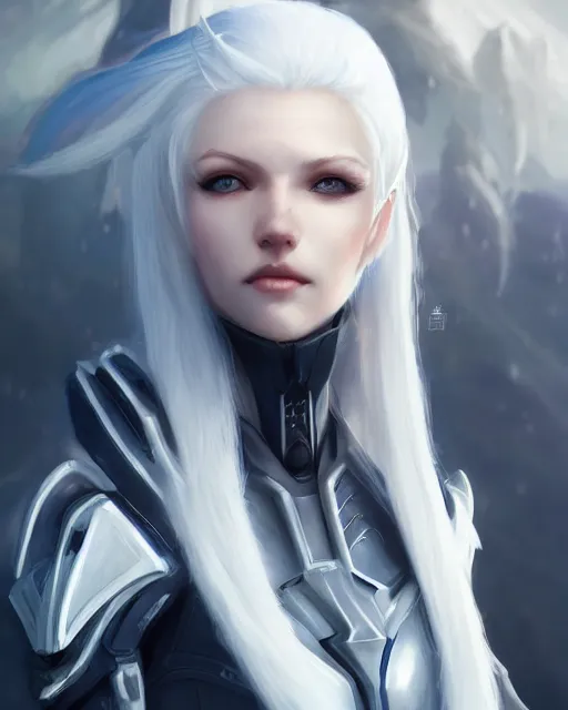 Image similar to perfect white haired girl, warframe armor, beautiful, pretty face, blue eyes, detailed, windy weather, scifi, platform, laboratory, experiment, 4 k, ultra realistic, epic lighting, high detail, masterpiece, by akihito tsukushi, charlie bowater, ross tran