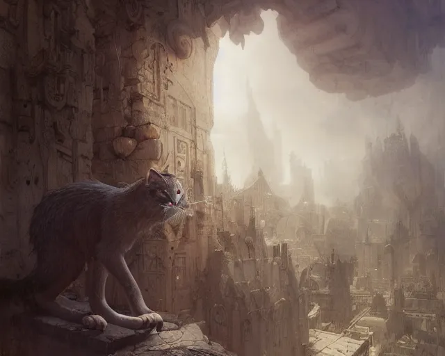 Prompt: giant cat monster, medium shot, disney concept artists, blunt borders, rule of thirds, by jaime jones, tom bagshaw, lawrence alma - tadema, greg rutkowski, helmut newton, fantasy art, intricate, elegant, highly detailed, 8 k, digital painting, concept art, sharp focus, mythological, ultra realistic, cinematic lighting, maximalist, hyperrealist