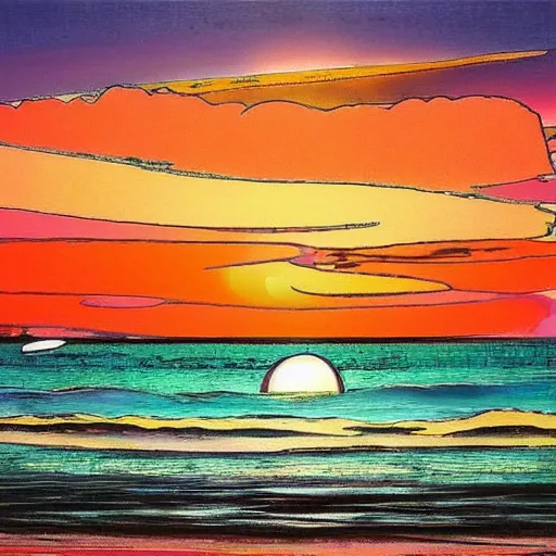 Prompt: sunset at the beach by takashi murakami