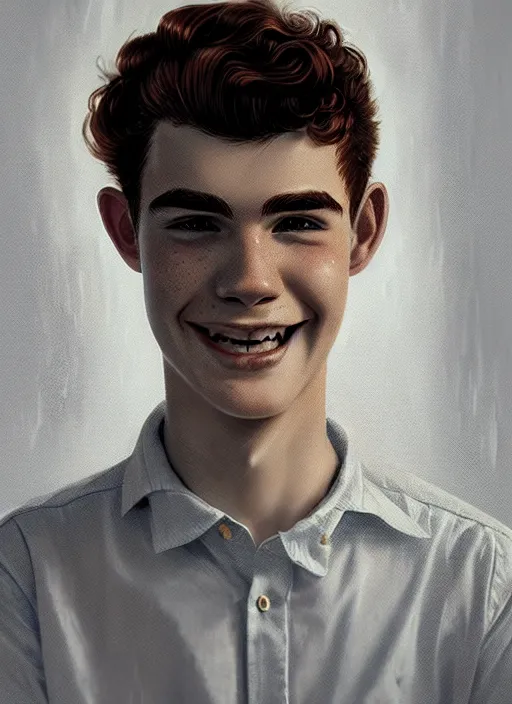 Image similar to portrait of teenage archie andrews, freckles, curly middle part haircut, curly hair, smiling kindly, friendly, 1 9 5 0 s, intricate, elegant, glowing lights, highly detailed, digital painting, artstation, concept art, smooth, sharp focus, illustration, art by wlop, mars ravelo and greg rutkowski