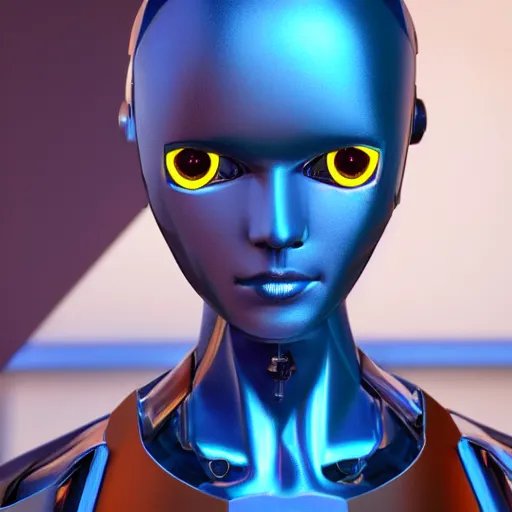 Prompt: womanized humanoid robot made of steel, beautiful face, short blue hair!!!, big breasts, thin body, anatomically correct, futuristic, glowing details!, symmetrical, unreal engine 5, ray tracing, natural shaders, 8 k, uhd, ultrarealistic, clear, sharp, highly detailed